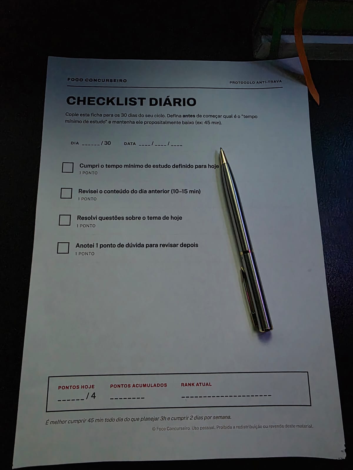Prévia do checklist diário do Protocolo Anti-Trava