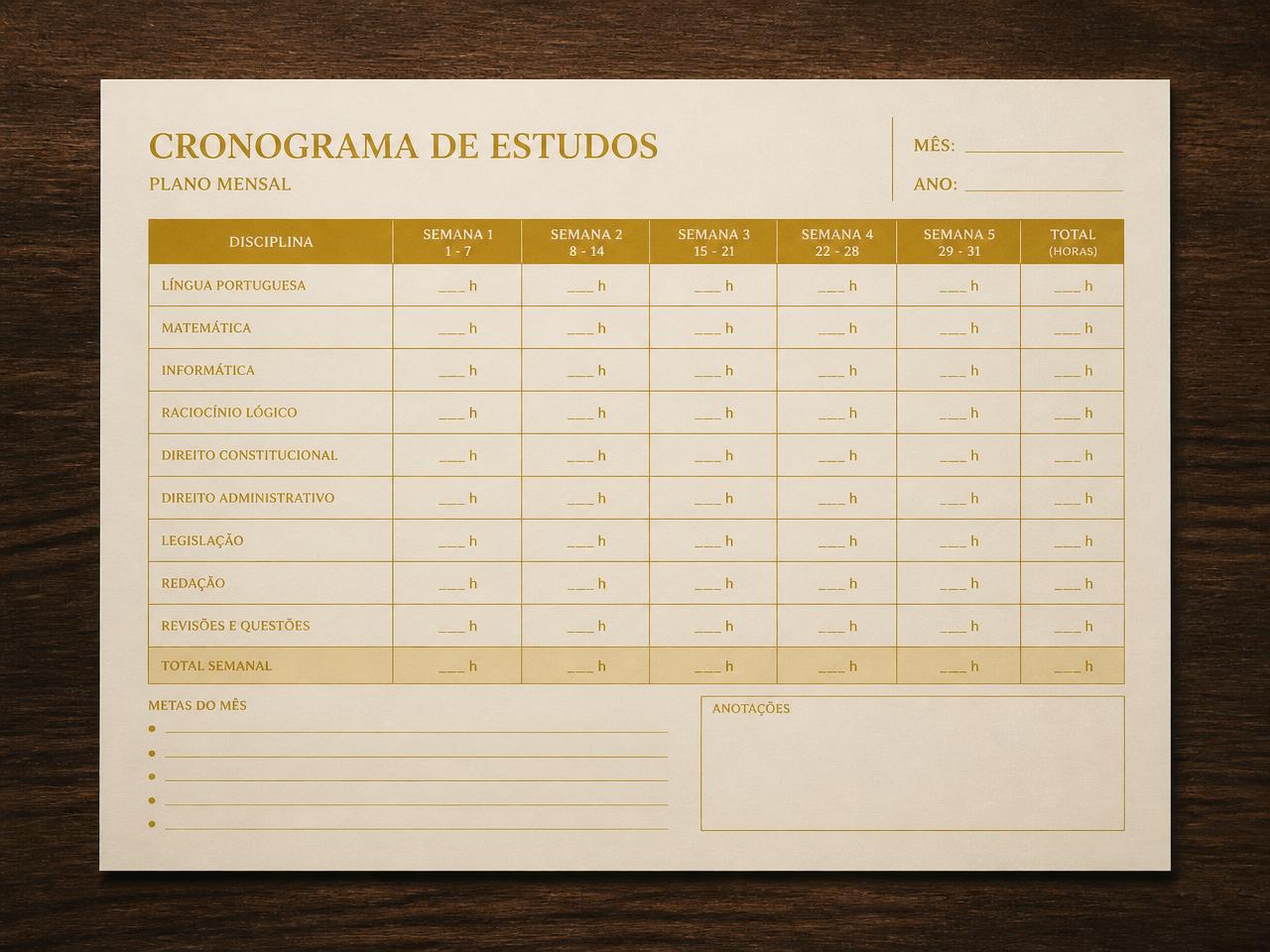 Prévia da planilha de cronograma mensal